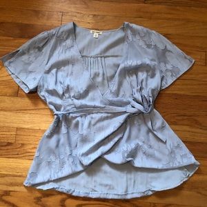 Blue Short-Sleeved Tie-Front Blouse